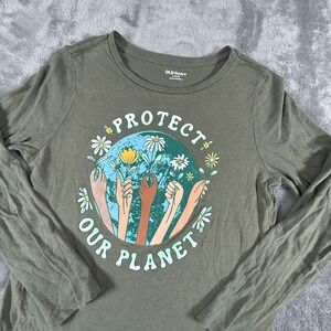 Old Navy Kids Long Sleeve Protect Our Planet Earth T Shirt Size L 10-12 Green